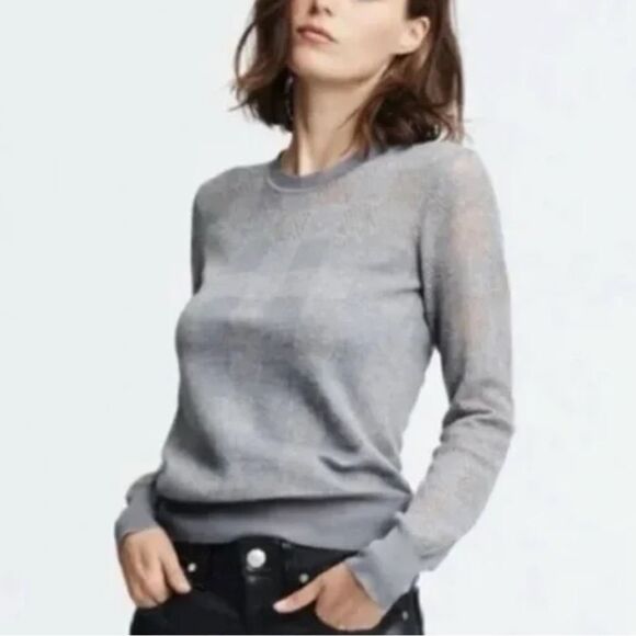 Rag & Bone Charlotte Gray Silver Metallic Checked Alpaca Eyelet Knit Sweater - Picture 1 of 16
